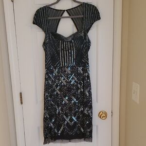 Adrianna Papell Black and Silver Embellished Backless Dress